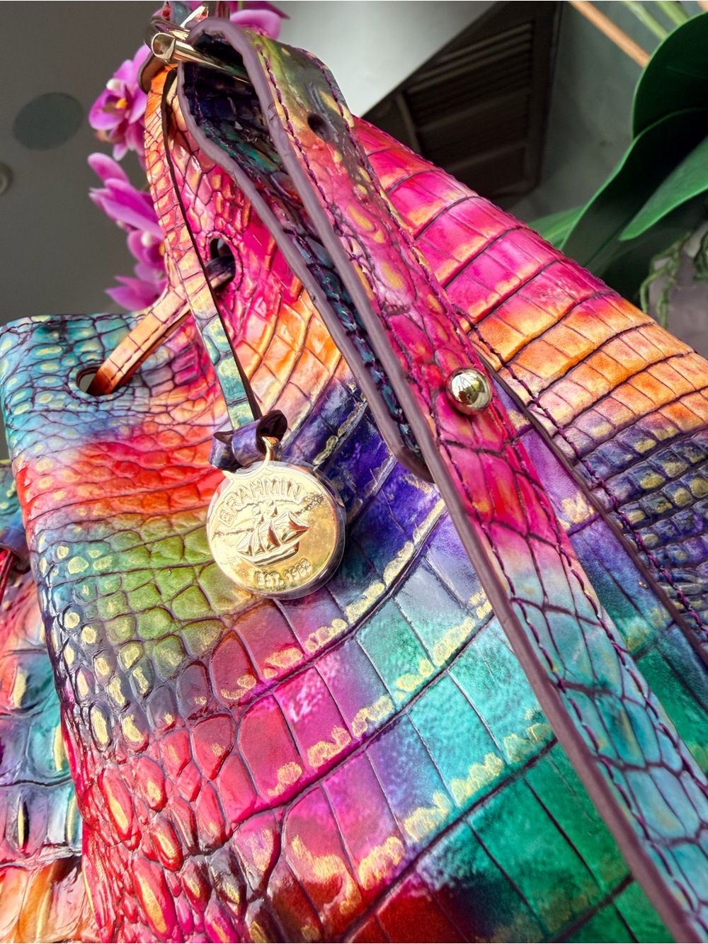 BRAHMIN Marlowe CrocEmbossed Leather BucketBag in Fallstruck Rainbow Colors NWOT - Picture 9 of 17